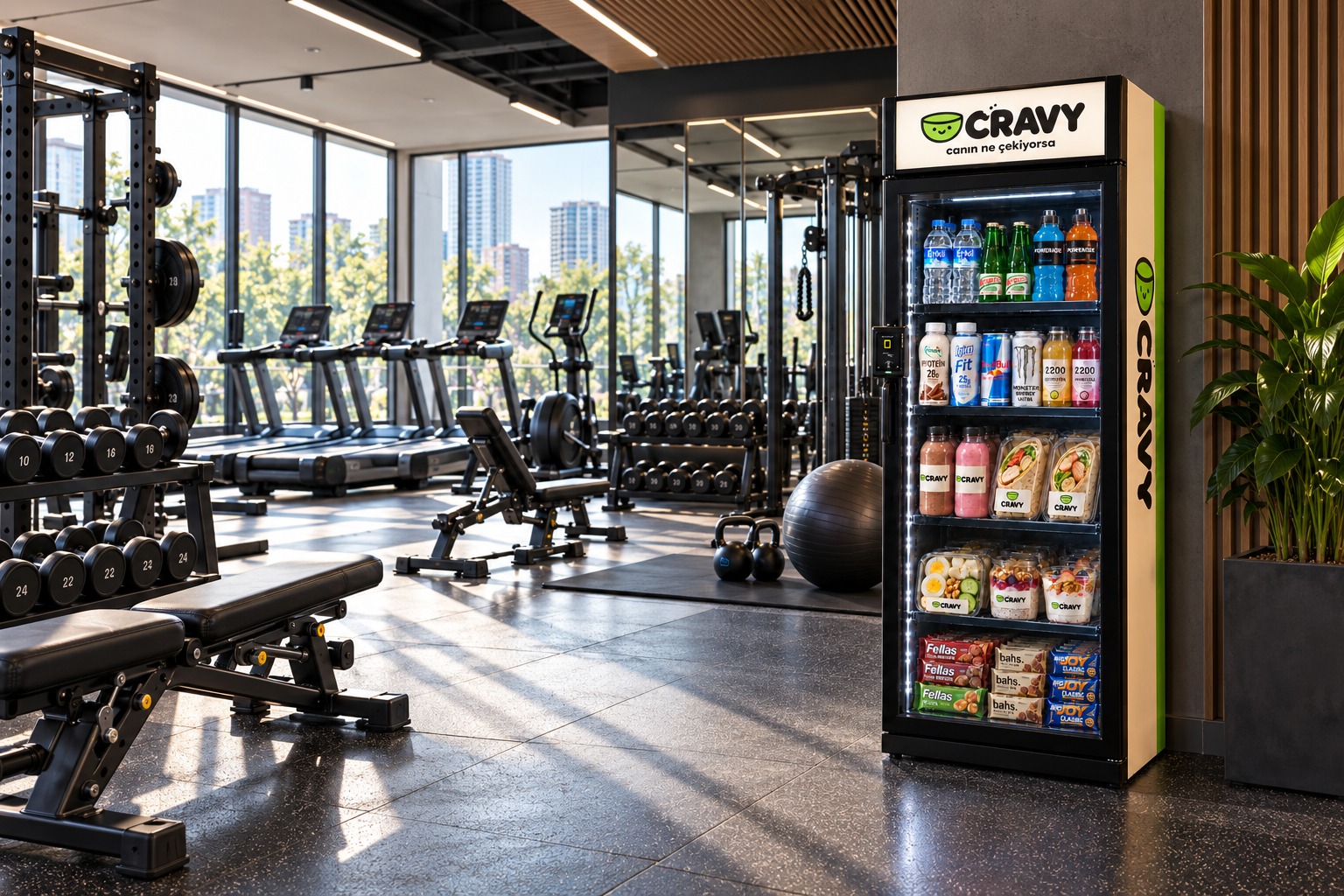 Modern spor salonunda koşu bantları ve ağırlıkların yanında CRAVY akıllı dolap